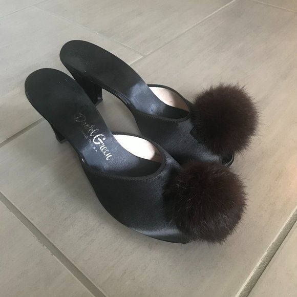 Vintage 1950s Daniel Green Fur and Satin Mules - Picture 1 of 9